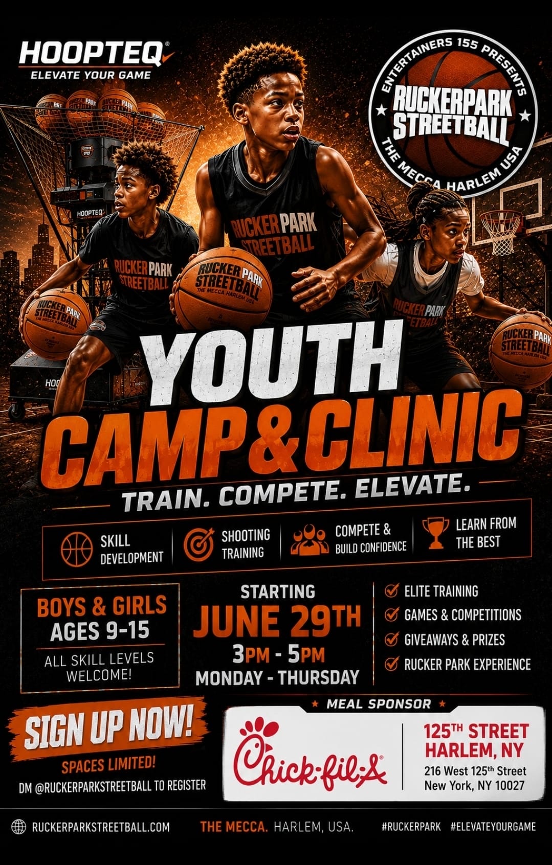 Rucker Park Streetball Youth Camp & Clinic — Starting June 29, Ages 9-15, Mon-Thu 3-5PM