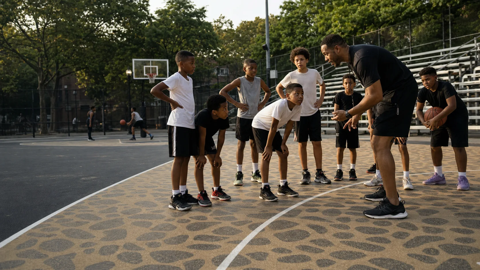 Youth basketball players listening to a coach on the Rucker Park court
